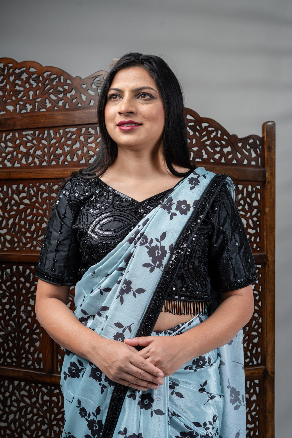 Sky Blue Crepe Silk Saree with Black Floral Print
