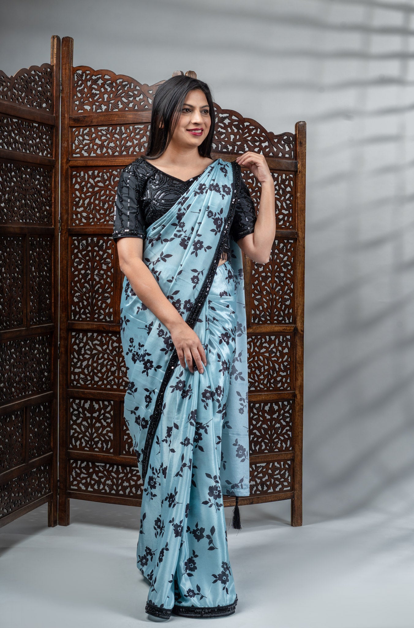 Sky Blue Crepe Silk Saree with Black Floral Print