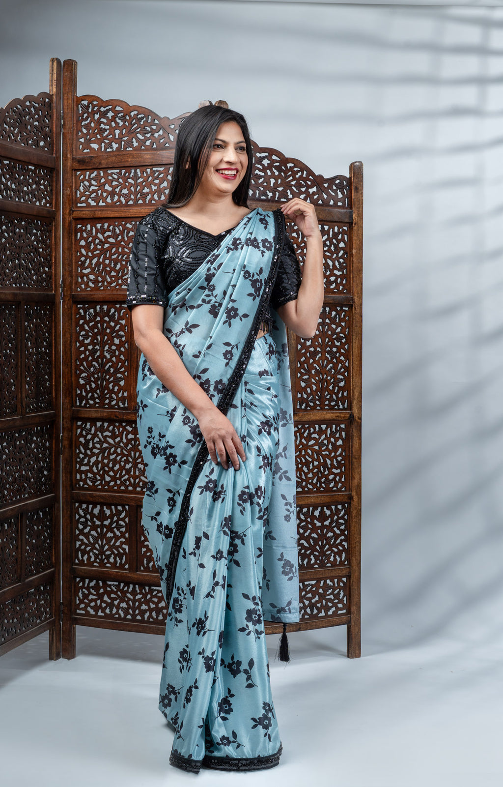 Sky Blue Crepe Silk Saree with Black Floral Print
