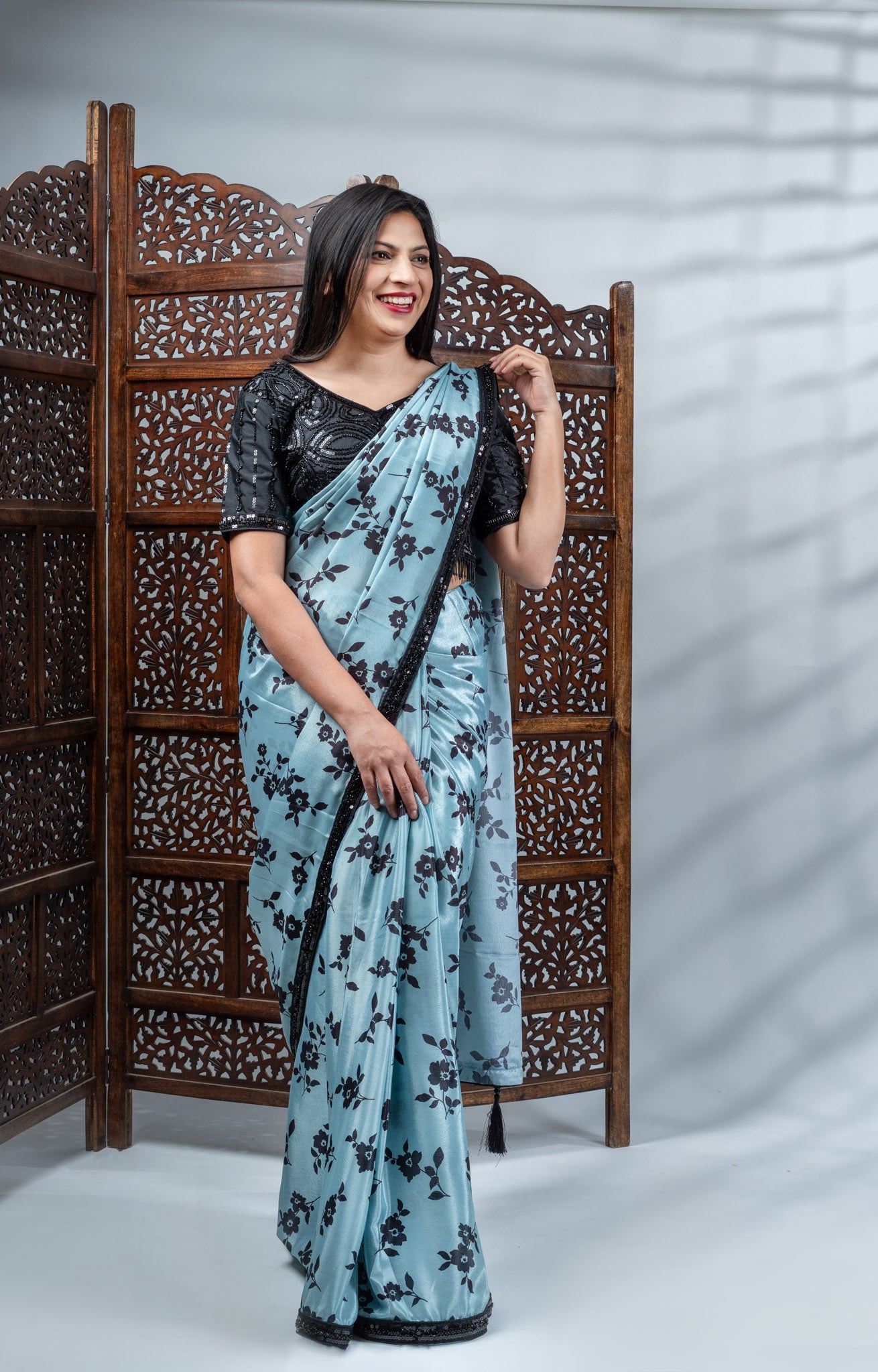 Sky Blue Crepe Silk Saree with Black Floral Print