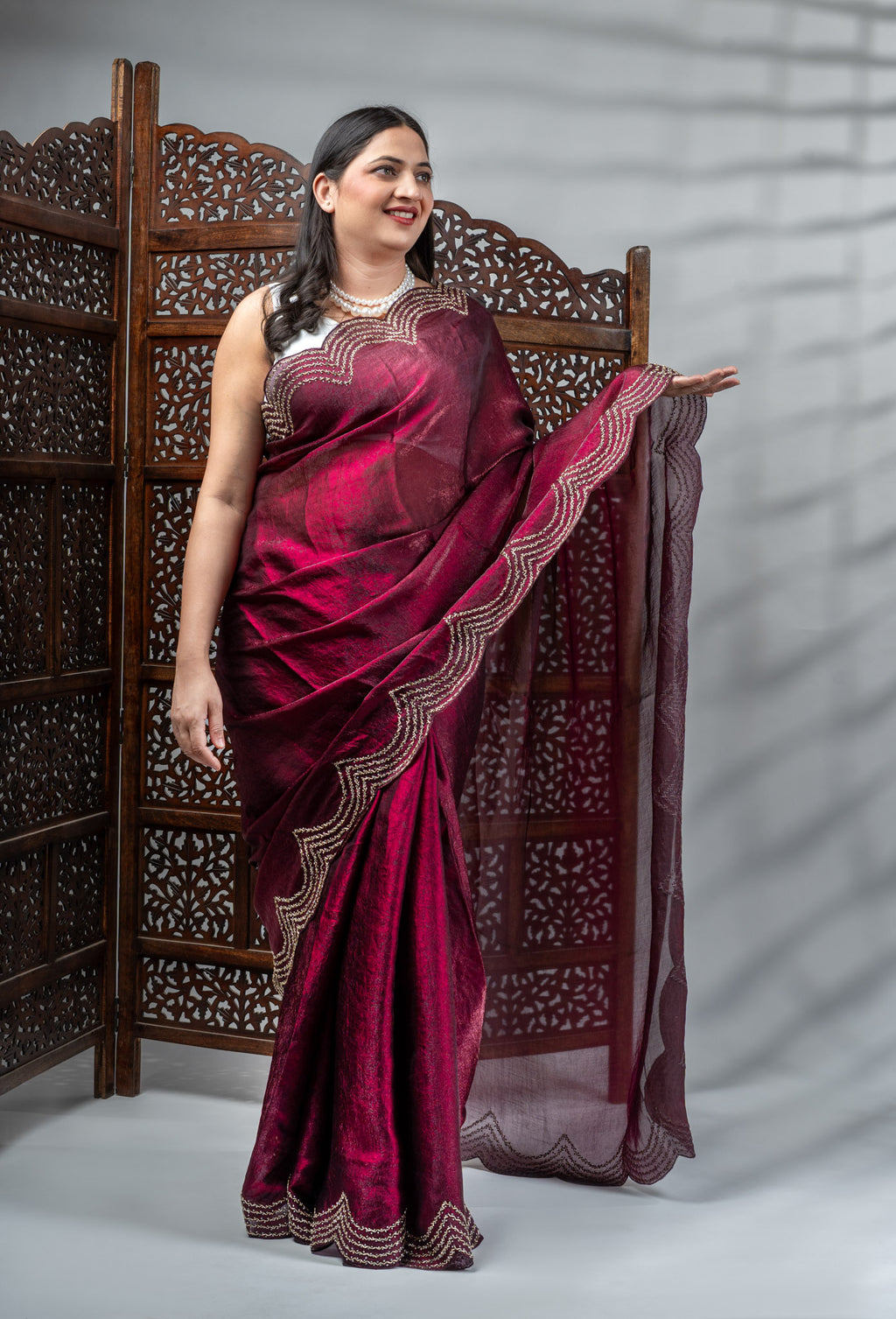 Wine Metallic Silk Saree