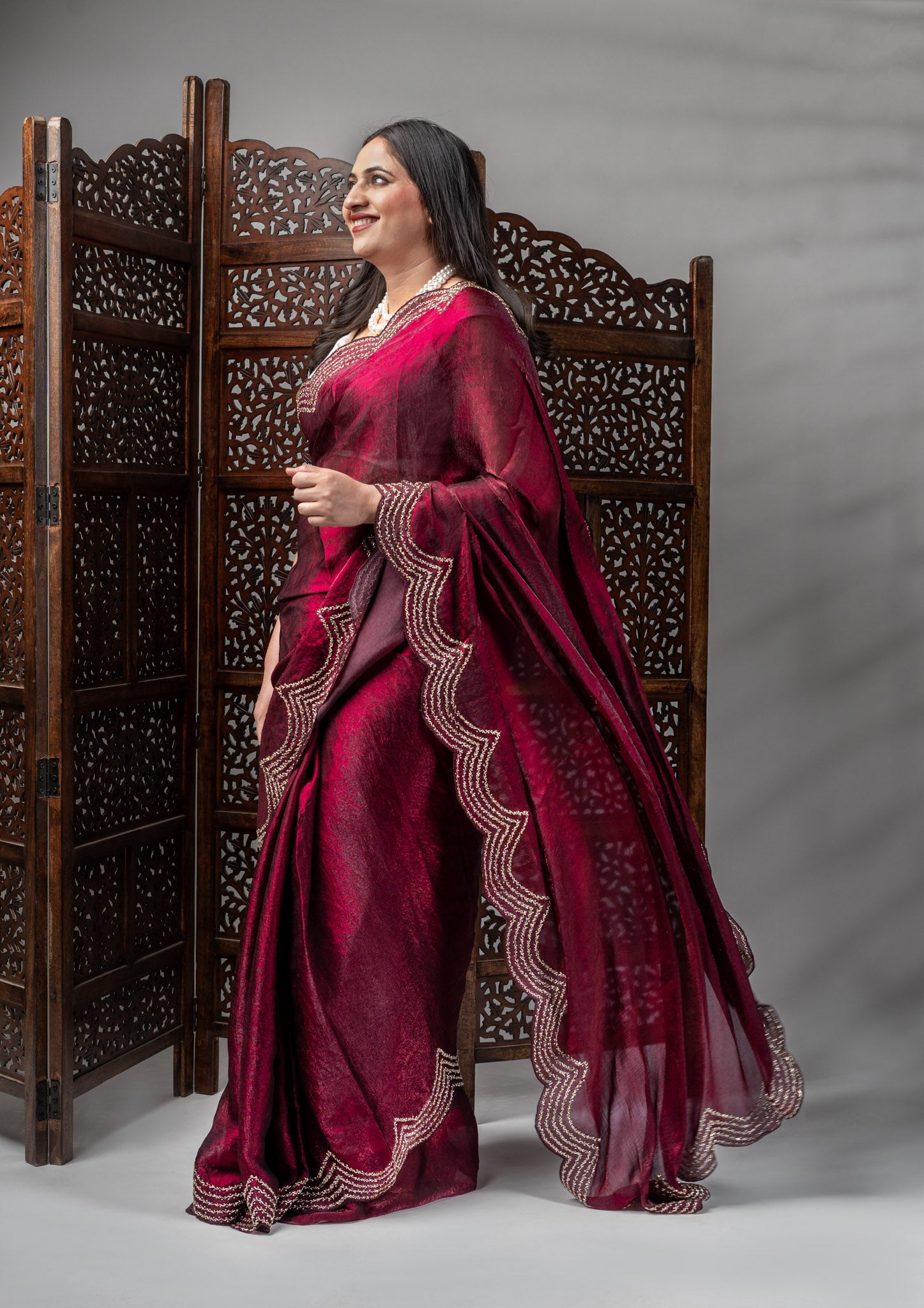 Wine Metallic Silk Saree