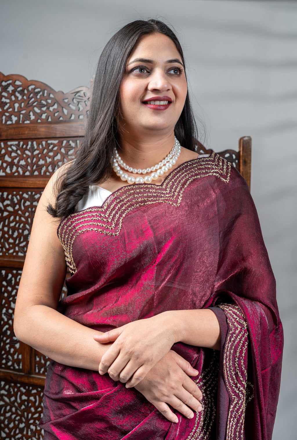 Wine Metallic Silk Saree