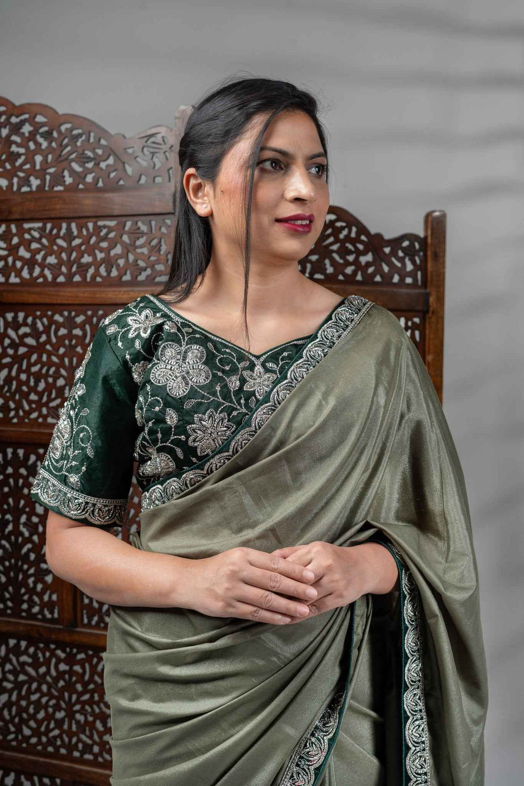 Olive Green Crepe Silk Saree