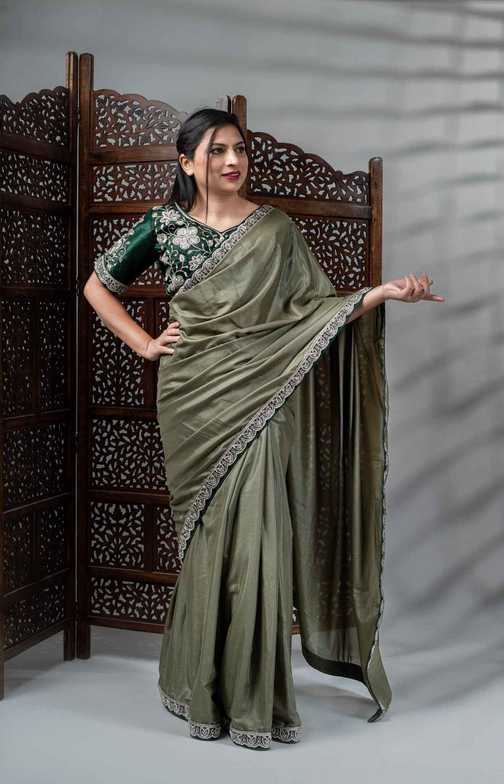 Olive Green Crepe Silk Saree