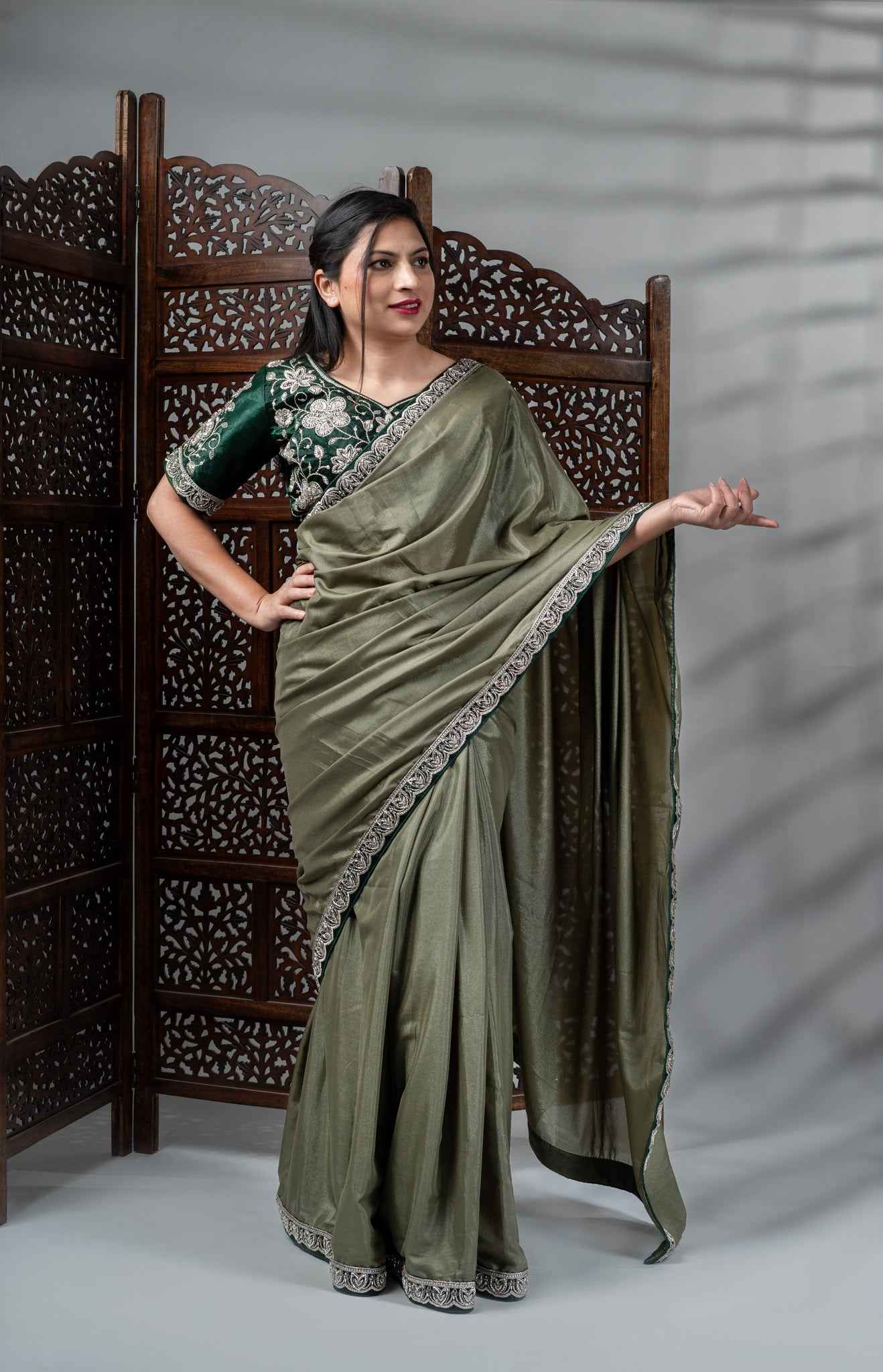 Olive Green Crepe Silk Saree