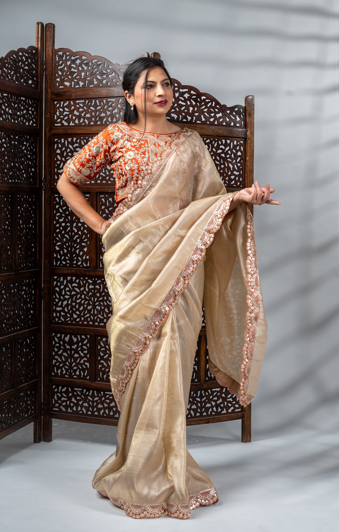 Champagne Gold Crepe Silk Saree