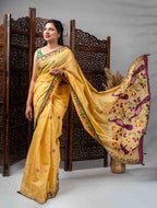 Mustard Cotton Peacock Saree
