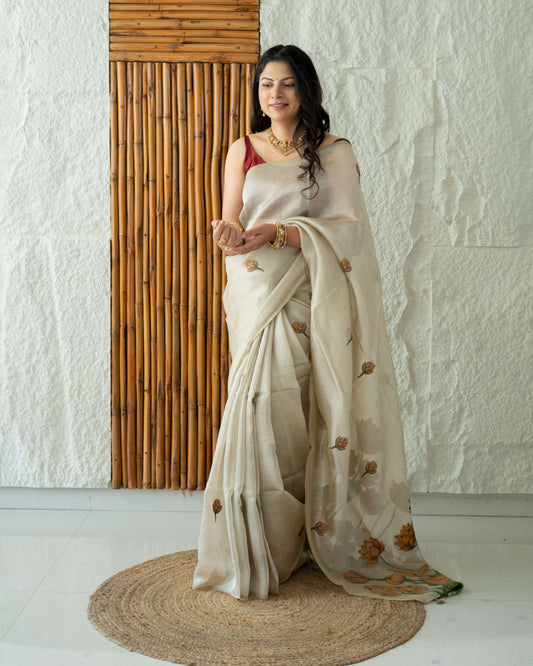 Soft Tissue Silk Saree with Pichwai Style Lotus Motif