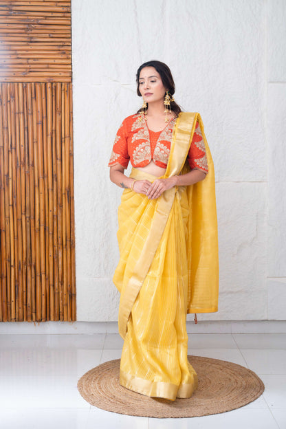 Linen Tissue Silk Saree with Gold Zari Jacquard Weaving