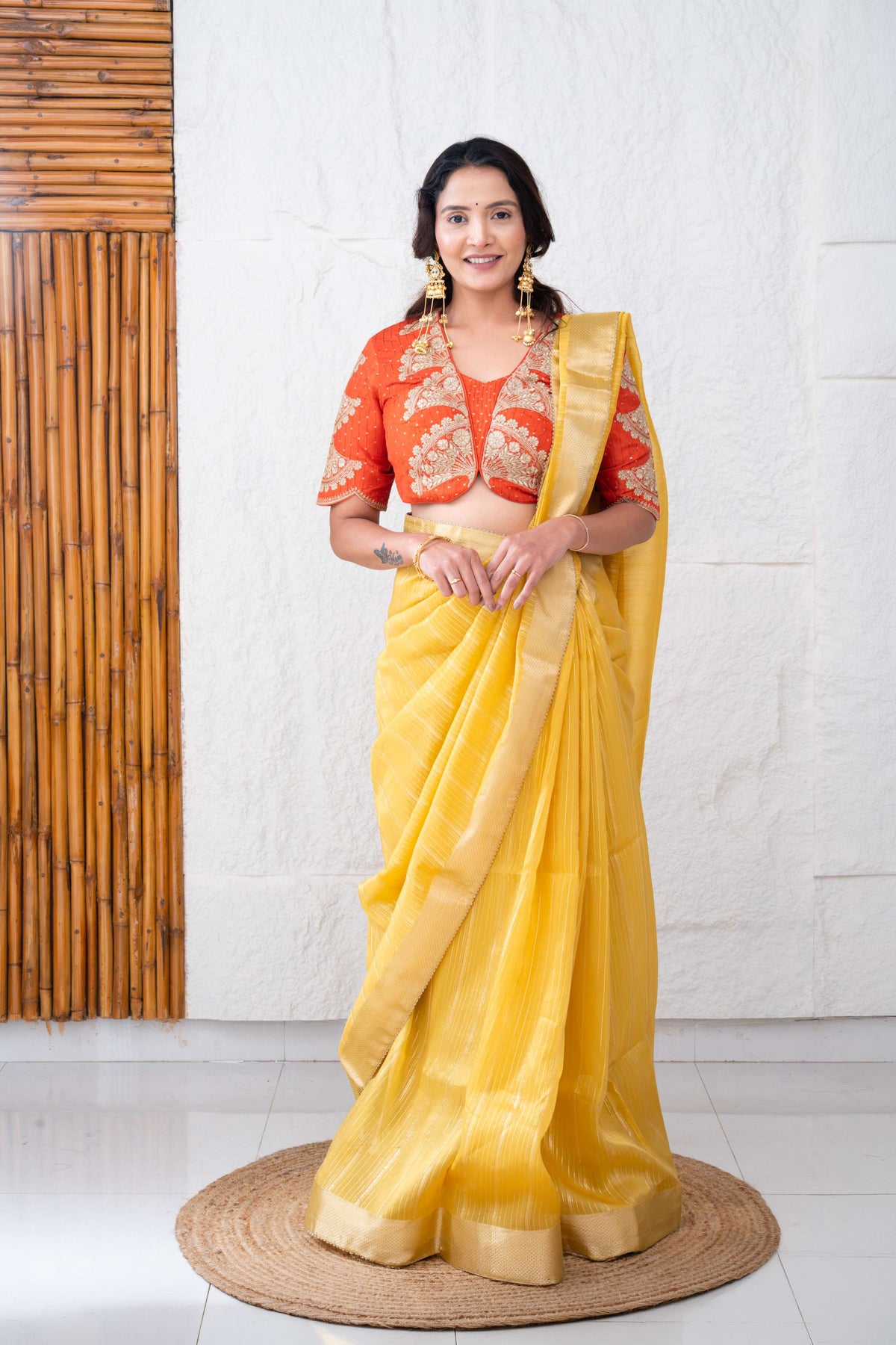 Linen Tissue Silk Saree with Gold Zari Jacquard Weaving