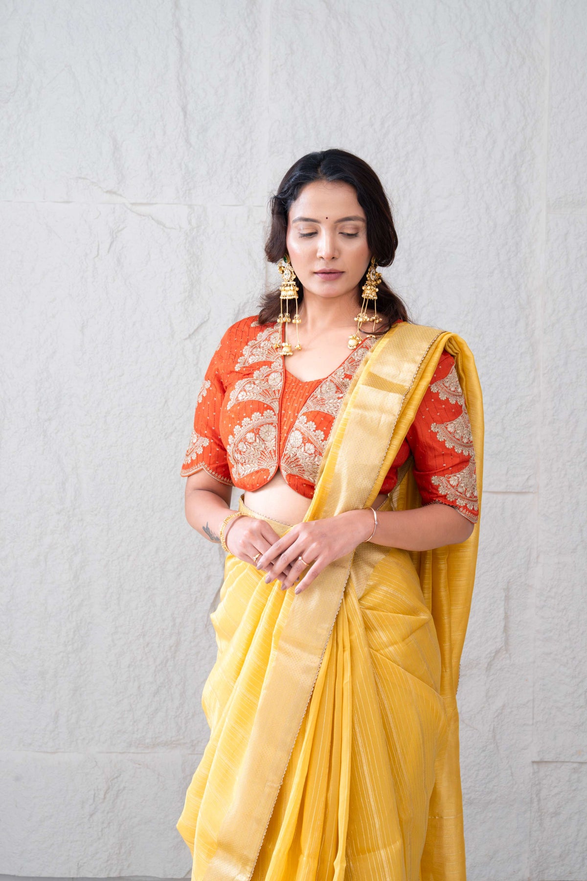 Linen Tissue Silk Saree with Gold Zari Jacquard Weaving