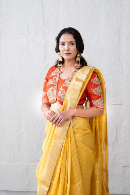 Linen Tissue Silk Saree with Gold Zari Jacquard Weaving